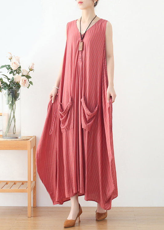 Pink V Neck Striped Pockets Linen Vacation Dresses Sleeveless