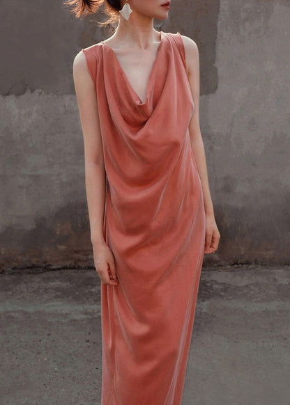 Orange Lace Up Silk Long Dresses Sleeveless Summer
