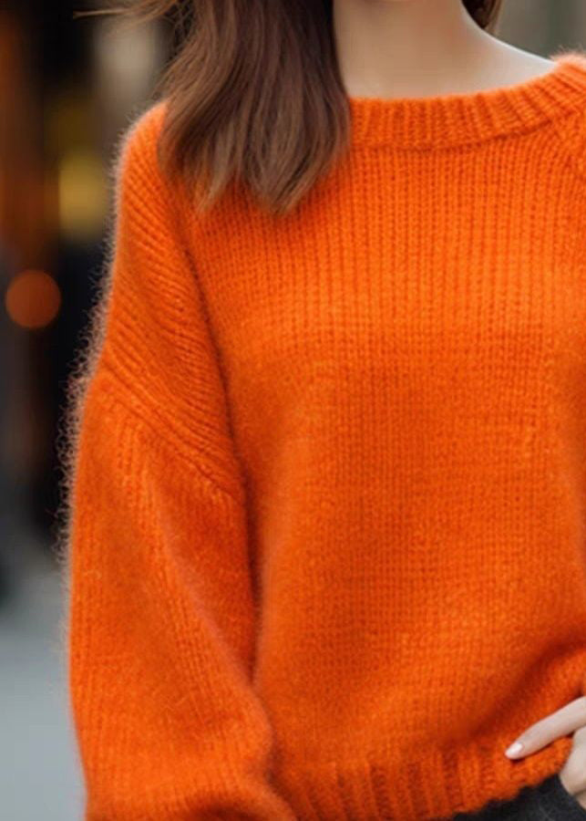 Simple Orange O Neck Cozy Cotton Knit Sweaters Long Sleeve