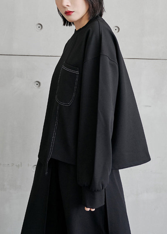 Black O-neck Asymmetrical Pockets Patchwork Top Long Sleeve