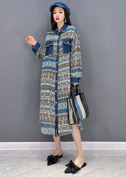Blue Peter Pan Collar Denim Patchwork Chiffon Shirt Dress Long Sleeve