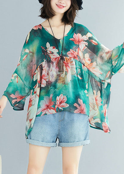 Handmade Green V Neck Patchwork Print Fall Top Three Quarter Sleeve