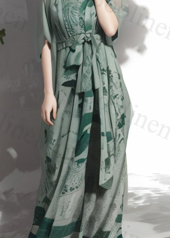 Green Print Lace Up Loose Silk Maxi Dresses Summer