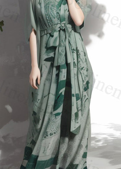 Green Print Lace Up Loose Silk Maxi Dresses Summer