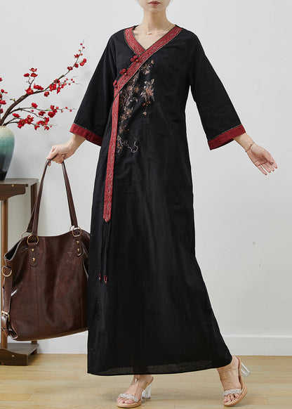 Black Patchwork Linen Robe Dresses Embroidered Side Open Summer