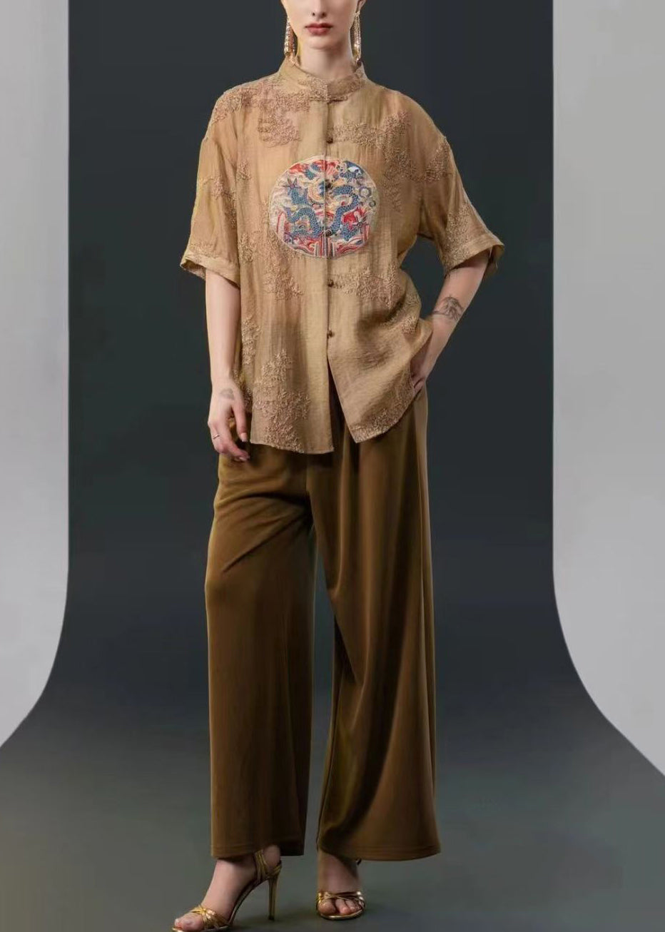 Chinese Style Beige Embroidered Button Silk Two-piece Set Summer