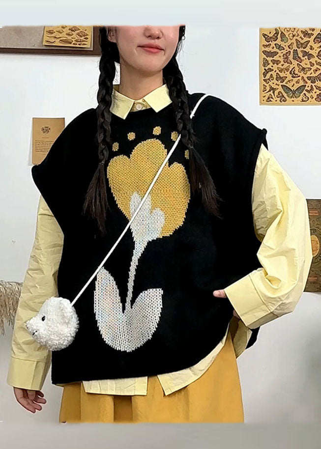 Diy Black O-neck Knit Waistcoat Fall