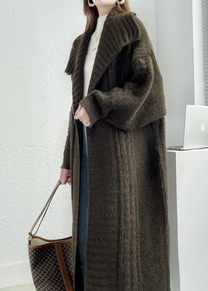 Dark Brown Loose Knit Cardigans Peter Pan Collar Design Fall
