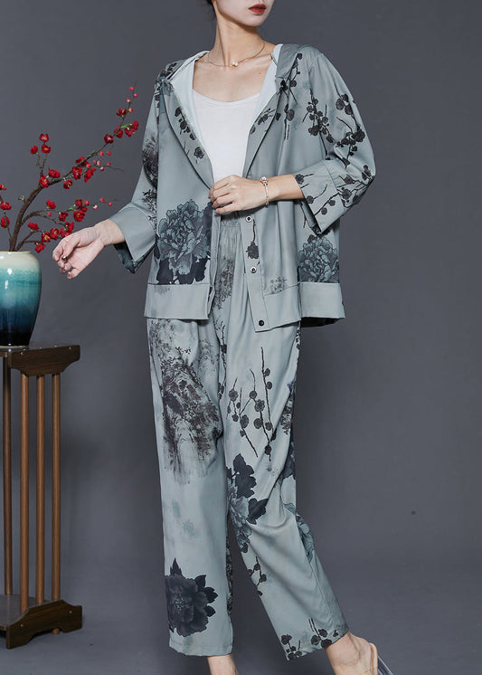 Natural Grey Hooded Ink and Wash Cotton Two Pieces Set Spring