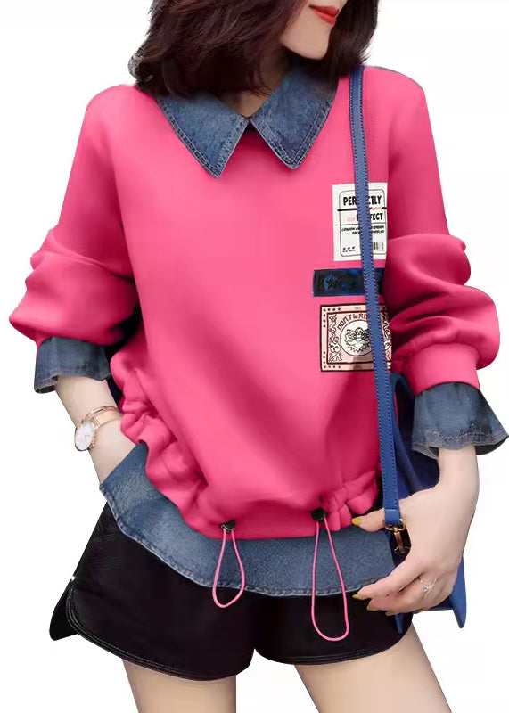 Pink Drawstring Peter Pan Collar Denim Patchwork Sweatshirts Top Spring