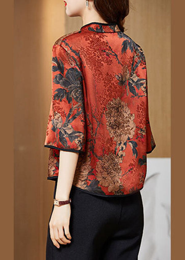 White Text Mandarin Collar Print Silk Shirt Tops Half Sleeve
