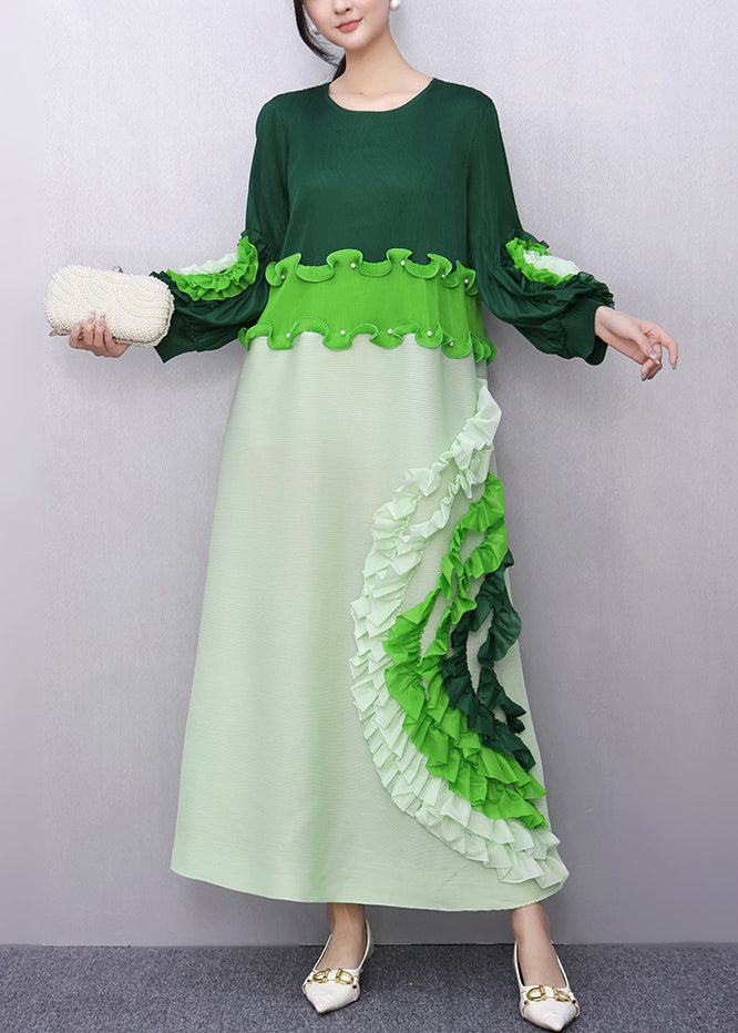 Loose Green O-neck Ruffled Patchwork Long Dress Fall