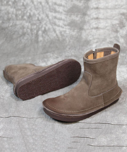 Soft Grey Zippered Boots Cowhide Leather Cross Strap Boots