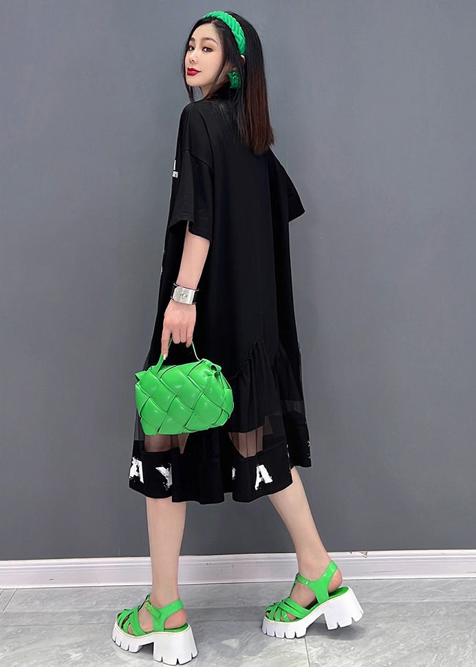 Black Patchwork Tulle Diamonds Cotton Sweatshirt Dress Short Sleeve