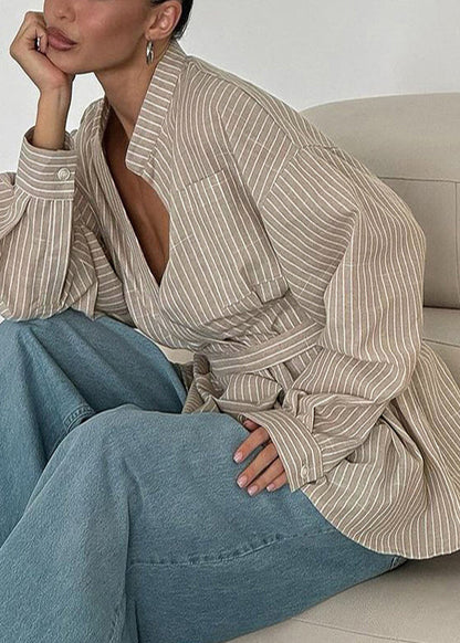 Khaki Striped Linen Tunic Shirt Top Fall