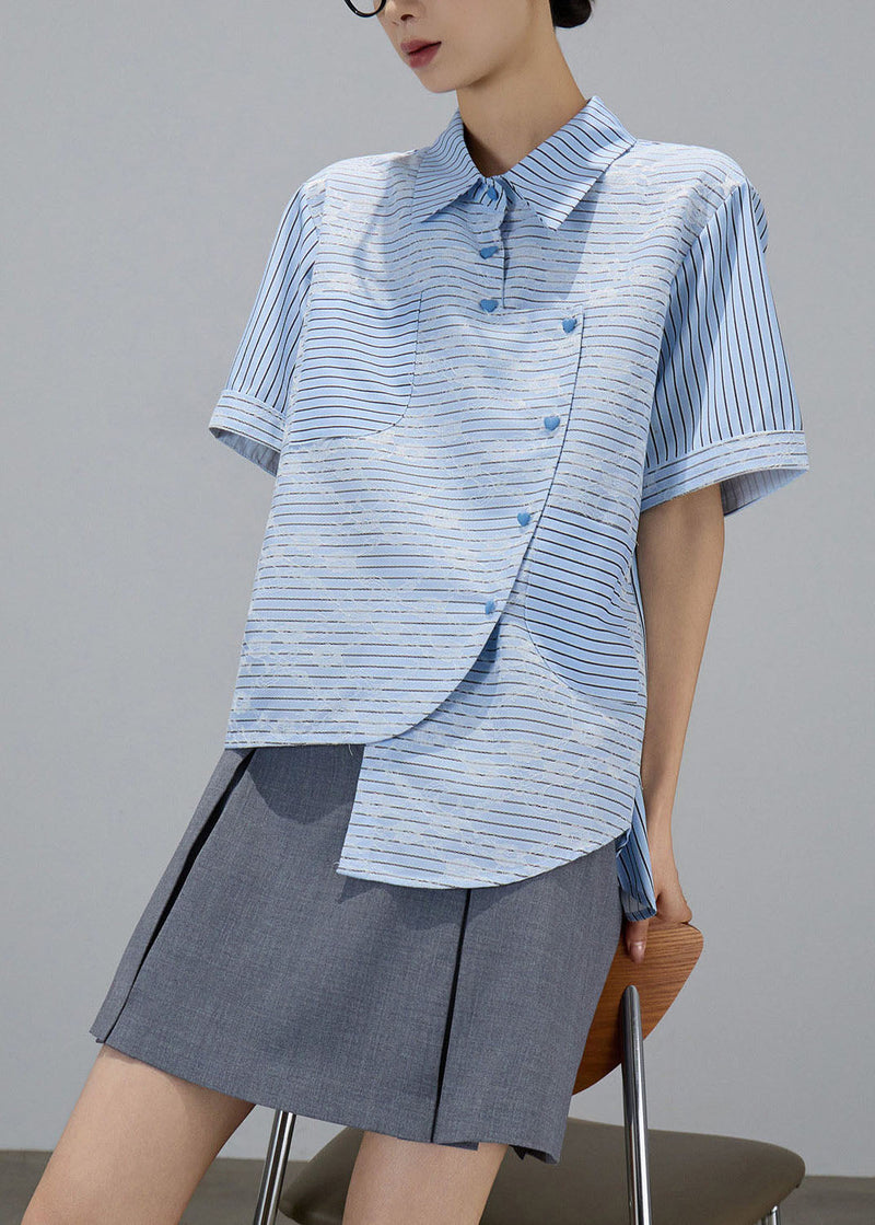 Blue Asymmetrical Design Striped Cotton Blouses Summer
