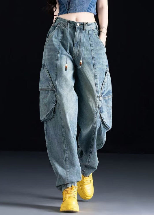 Organic Blue Pockets Patchwork Denim Pants Fall