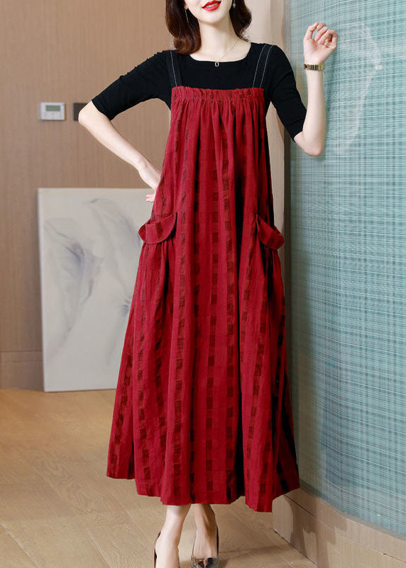 Red Striped Exra Large Hem Linen Strap Dress Two Pieces Set Summer