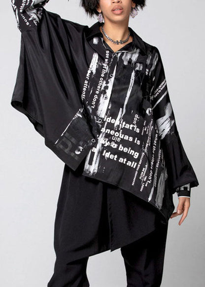 Black Peter Pan Collar Print Cotton Shirts Spring