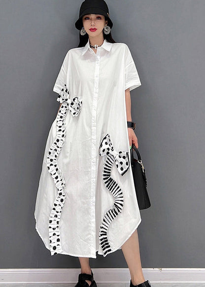 Modern White Peter Pan Collar Asymmetrical Bow Button Party Dress Short Sleeve