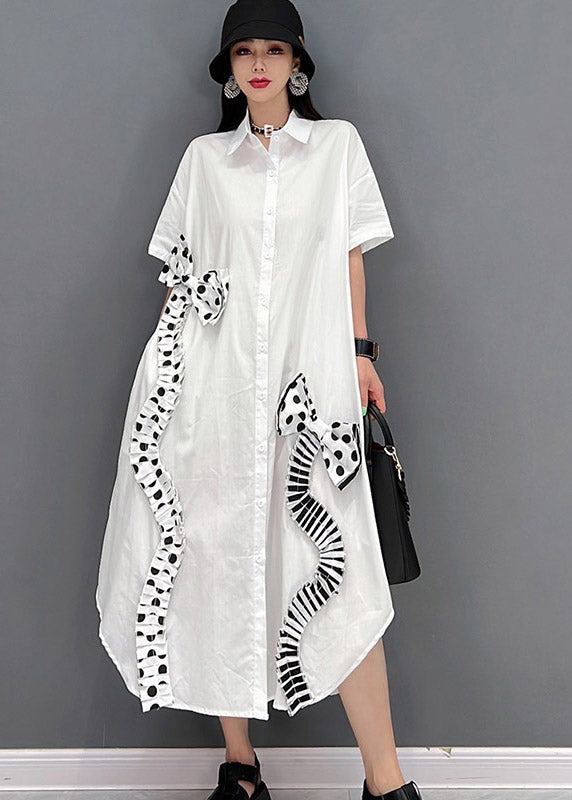 Modern White Peter Pan Collar Asymmetrical Bow Button Party Dress Short Sleeve