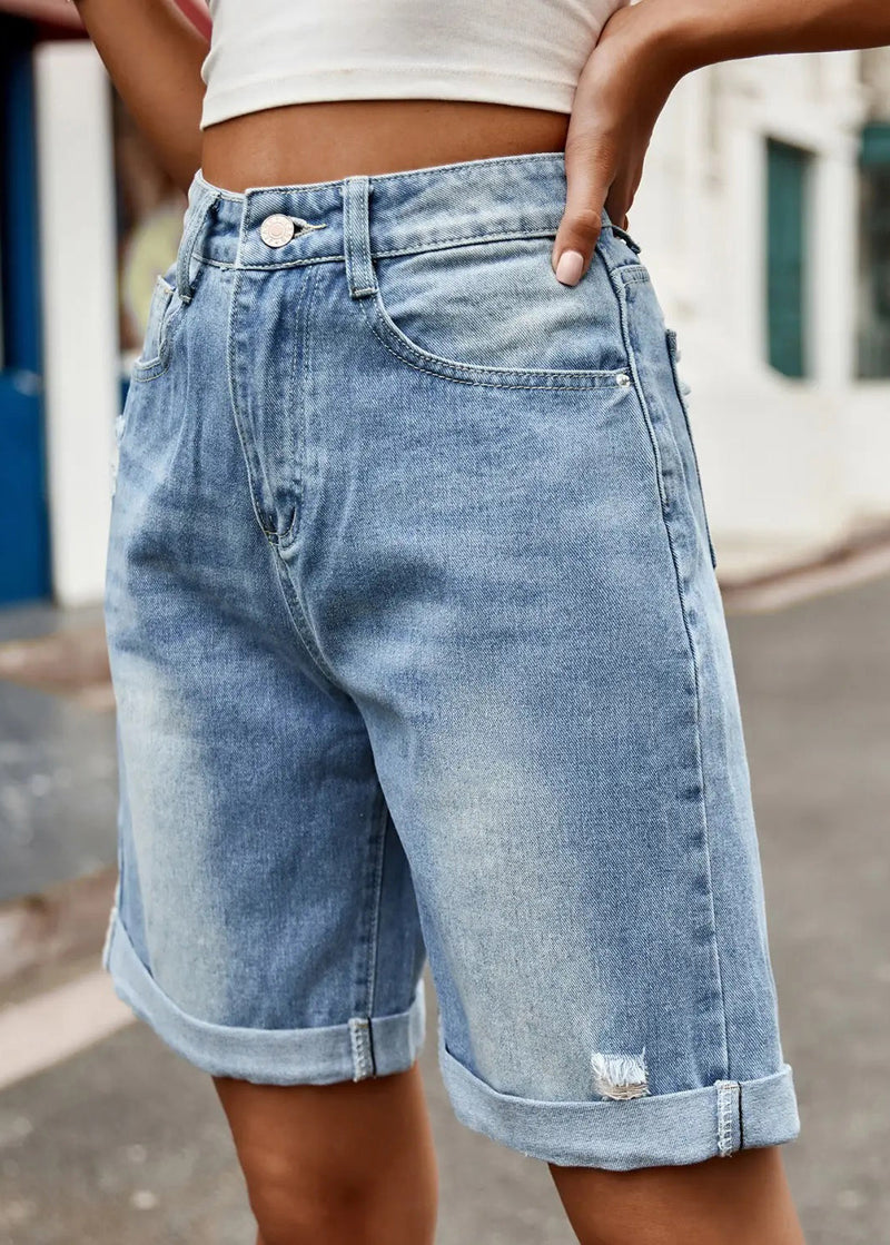New Light Blue Hole Pockets High Waist Denim Shorts Summer