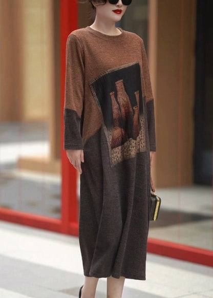 Colorblock O Neck Cozy Knit Long Dress Winter