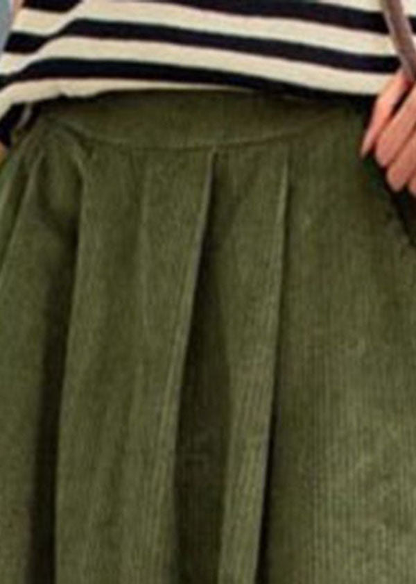 Green High Waist Pockets Corduroy a Line Skirts Fall