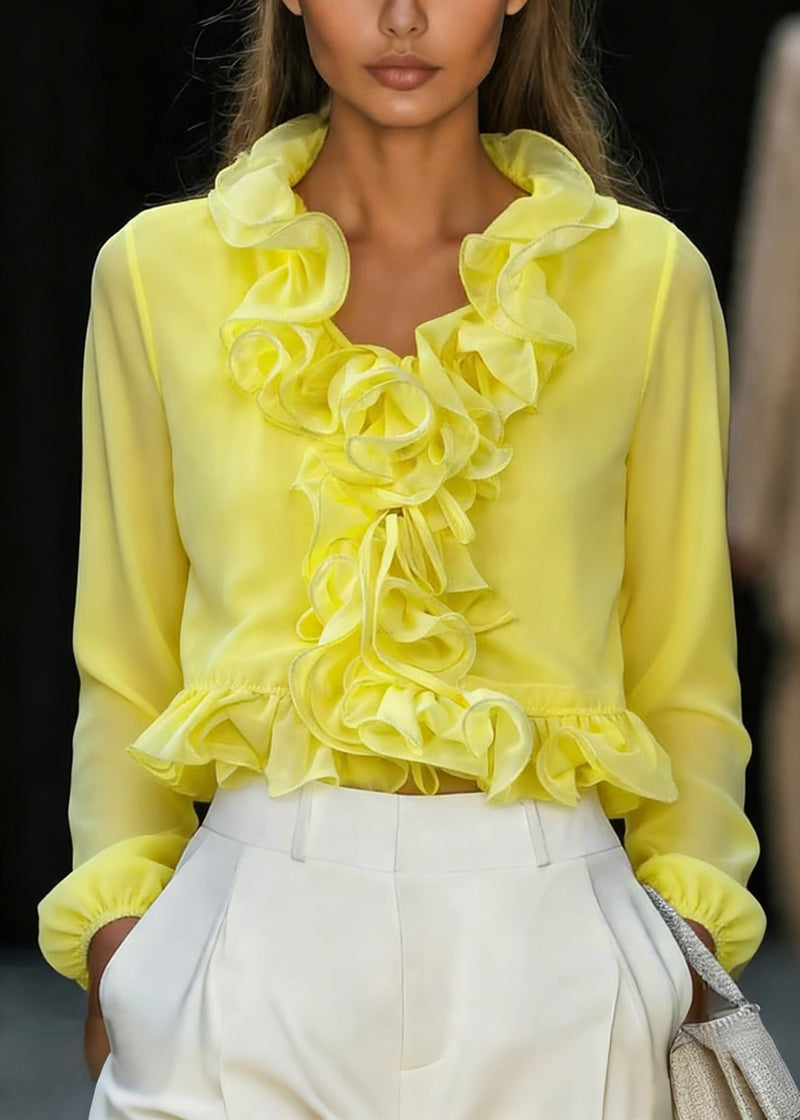 Fine Yellow Ruffled Patchwork Chiffon Top Spring