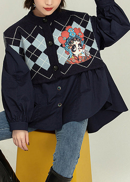 Blue Stand Collar Print Cotton Shirt and Waistcoat Two Piece Set Spring