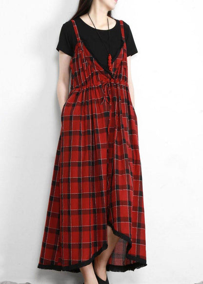 Cotton Red Plaid Italian Dress V Neck