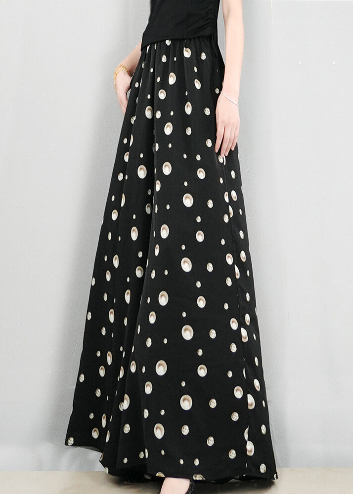 Black Print Pockets Elastic Waist Cotton Pants Summer
