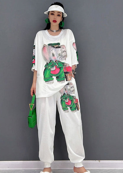 Handmade White O-neck Elephant Print Cotton Sweatshirt Two Pieces Set Short Sleeve