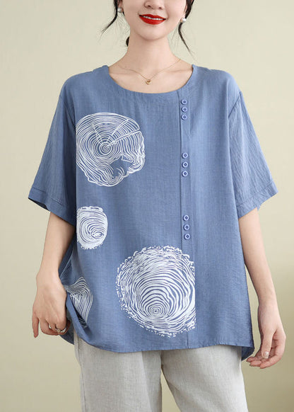 Blue O-neck Print Ice Silk T Shirt Summer