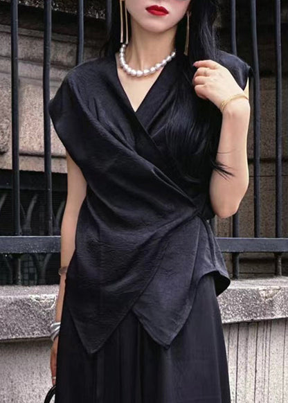 Black V Neck Tie Waist Top Summer