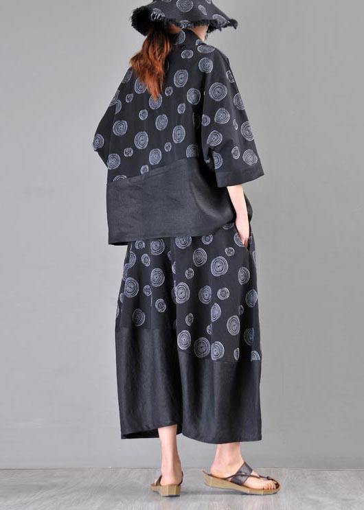 Organic Black Print Patchwork Cotton Linen Summer Shirt