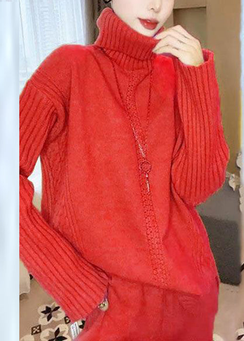 Simple Yellow Turtleneck Knit Two Pieces Set Winter