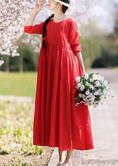 Italian Red Half Sleeve O-neck Summer Linen Dress