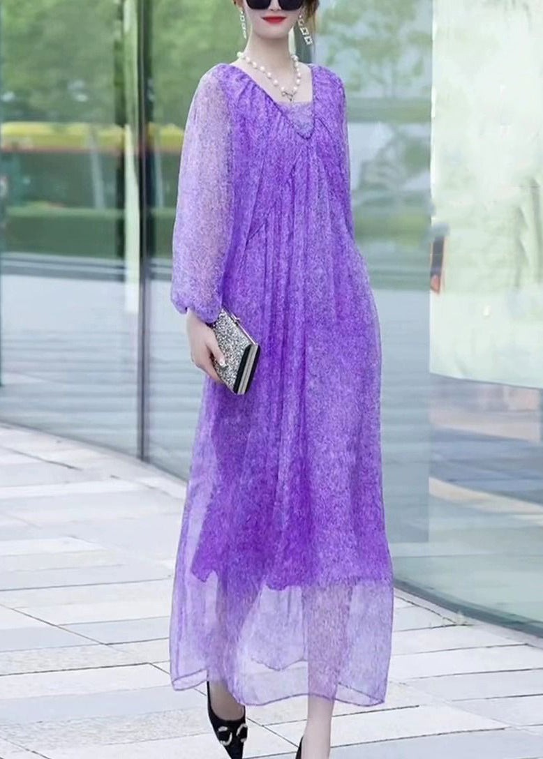 Purple V Neck Print Chiffon Long Dresses Lantern Sleeve