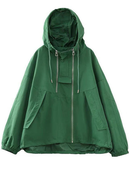 Green Oversized Zippered Drawstring Cotton Hooded Coat Long Sleeve