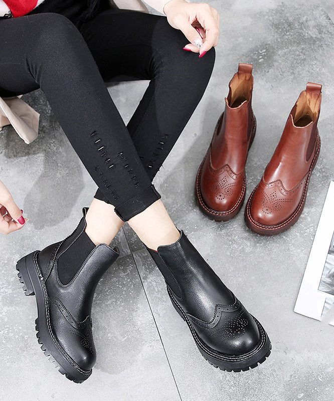 Fitted Black Comfortable Splicing Chunky Boots Black Genuine Leather Ankle Boots