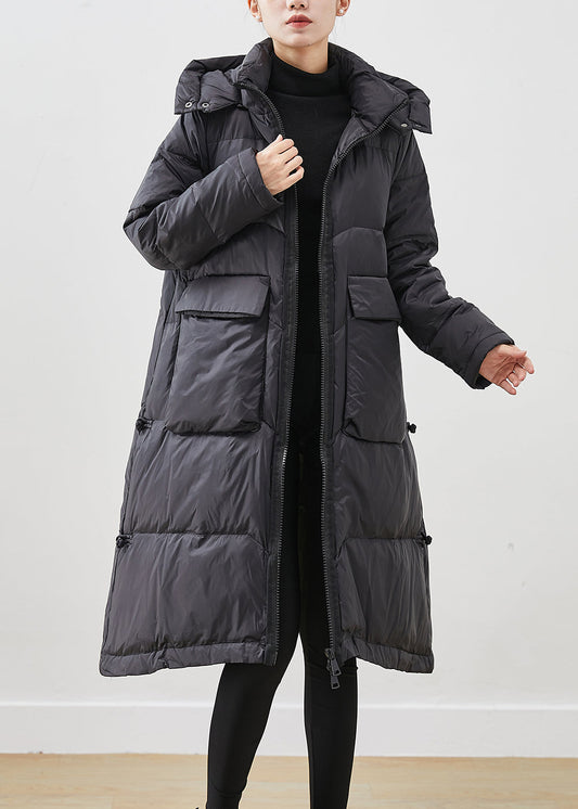 French Black Hooded Big Pockets Duck Down Jacket in Winter