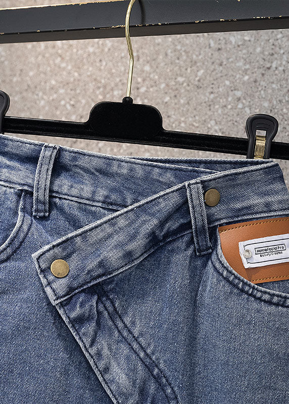 Style Denim Light Blue High Waist Side Open Button Asymmetrical Pockets Cotton a Line Skirts Summer