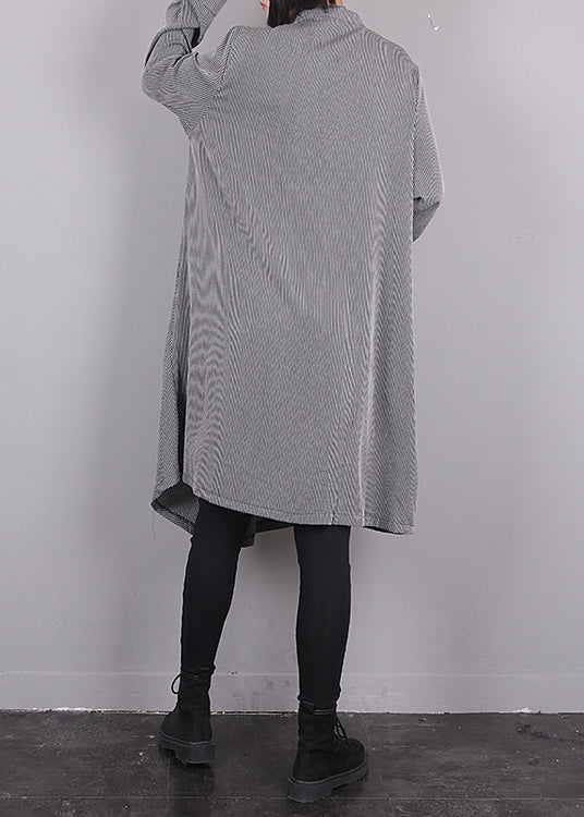 Grey O-neck Asymmetrical Striped Button Maxi Dress Fall