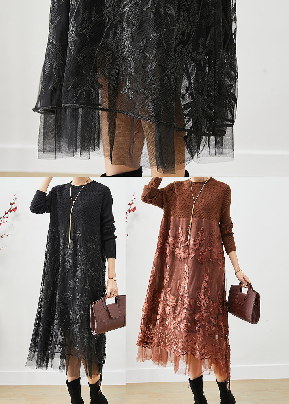 Black Embroideried Tulle Patchwork Knit Long Dress Fall