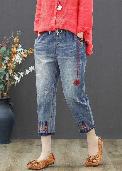 Light Blue Embroideried Tie Waist Crop Jeans Summer