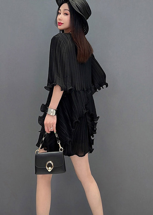 Black V Neck Ruffles Silk Top and Shorts Two Pieces Set Summer