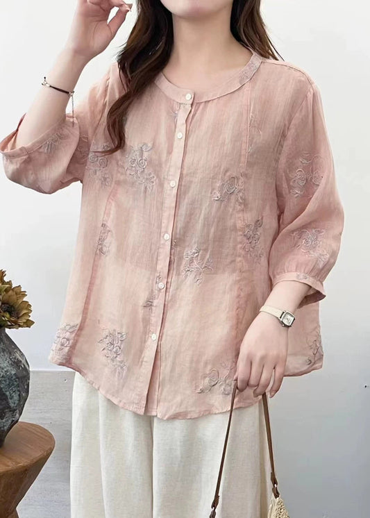Pink Embroidered Linen Loose Shirt Half Sleeve