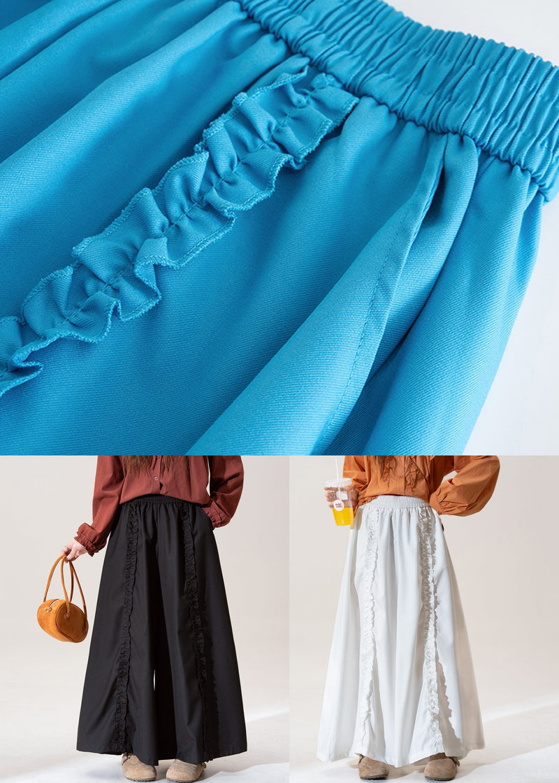 White Pockets High Waist Cotton Wide Leg Pants Ruffled