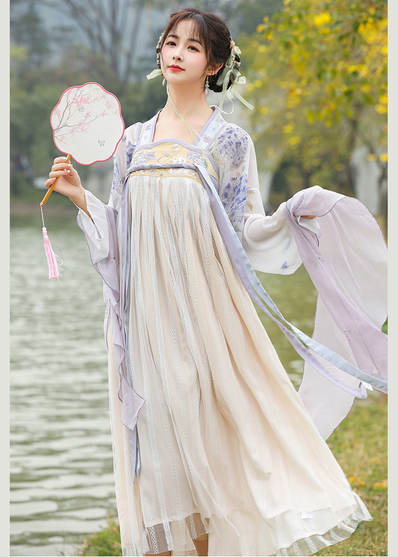 Purple Square Collar Embroideried Wrinkled Chiffon Two Piece Set Long Sleeve